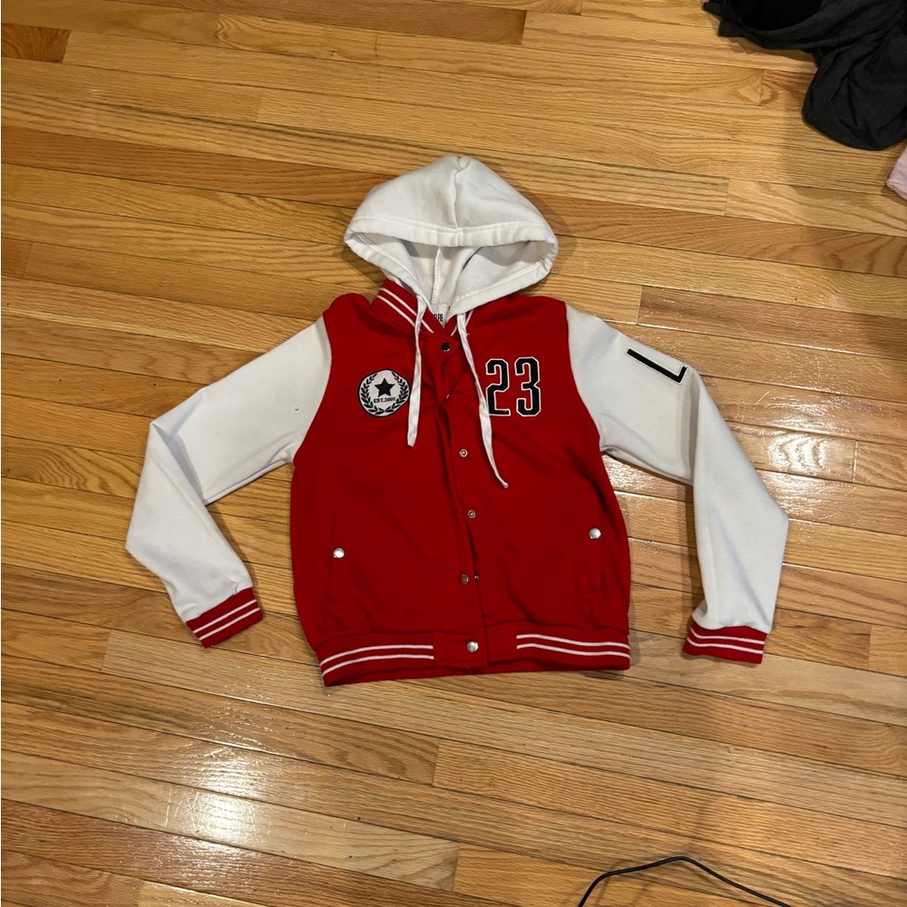 Red and White Hooded Varsity Jacket